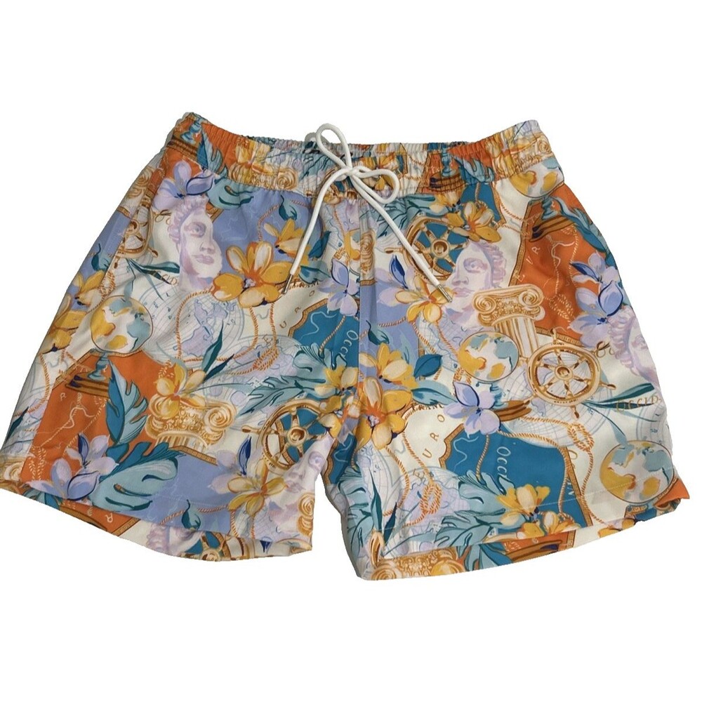 Robert Graham Gold Treasure Nautical Tropical Print Men's S Swim Shorts Bathing